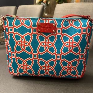 Kate Spade Moroccan Market collection blue and coal flower monogram purse